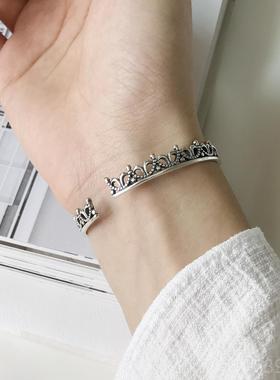 高档银镯925银皇冠手镯女手韩版气质口纯银镯子女开王银饰品手环
