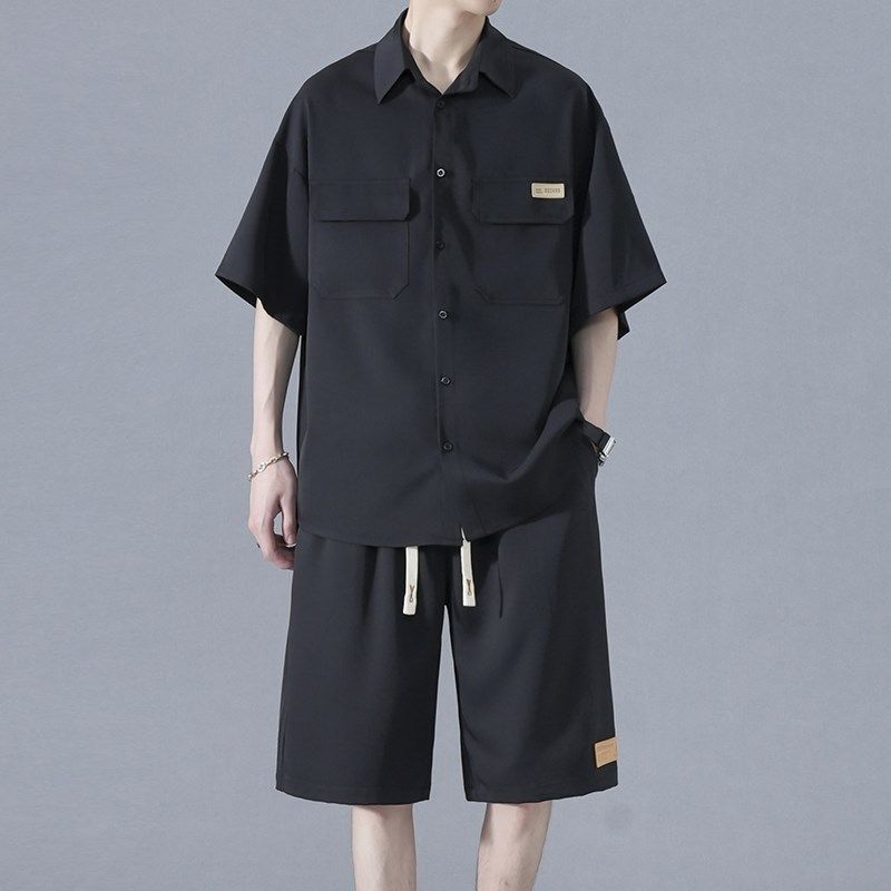 胖子夏季五分袖短衬衫工装套装男士宽松加肥加大码薄款休闲套装潮,淘宝优惠券,粉丝福利购,淘宝优惠卷