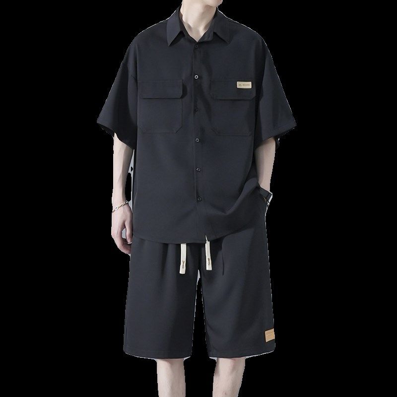 胖子夏季五分袖短衬衫工装套装男士宽松加肥加大码薄款休闲套装潮,淘宝优惠券,粉丝福利购,淘宝优惠卷