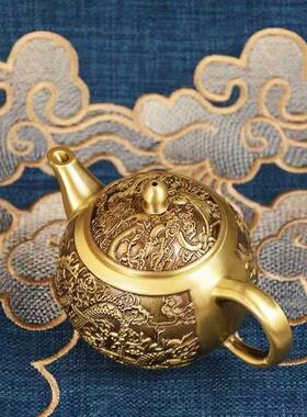 黄铜龙凤呈祥茶壶浮雕龙纹水壶创意家居装饰品酒壶摆件工艺品礼品