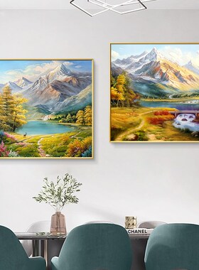 聚宝盆餐厅装饰画轻奢高级感山水画客厅挂画手绘油画风景组合壁画