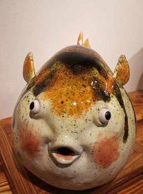 石湾公仔陶瓷河豚鱼创意摆件新中式电视柜博古架装饰品小鱼儿摆设