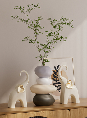 高级感艺术石头时来运转摆件轻奢客厅插花玄关电视柜花瓶软装饰品