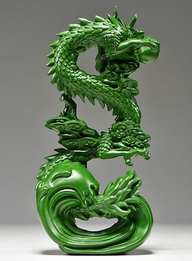 绿色木质中国龙摆件生肖龙实木质雕刻龙补角龙家居客厅摆设送礼品
