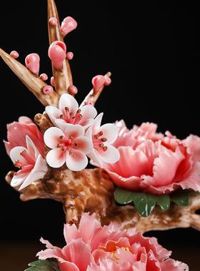 陶瓷仿真盆栽牡丹瓷花摆件品质家居客厅桌面干花装饰品/花开富贵