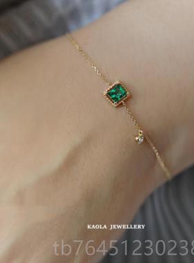 高档祖母绿方糖手链女黄.法金纯银翡方 翠绿单钻手镯轻奢式复古绿