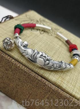 高档原创莲新品民族风工绕线莲藕花999纯银饰品手蓬手镯开口莲吊