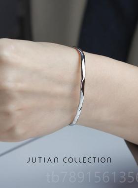 高档JTUIAN冷风金色S925纯银手镯女淡简约不规则凹个凸面性银手环