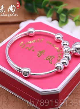 高档银手镯光面99纯银镯子女手款日韩版足银简约尚铃镯送时女铛友