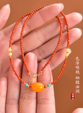 南红小米珠红色玛瑙送女友锁骨链