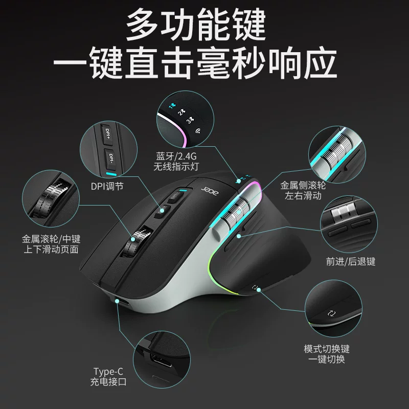 Беспроводная мышь Acer Bluetooth с тремя режимами, эргономичная с двойным роликом, для большой руки, бесшумная мышь для компьютера