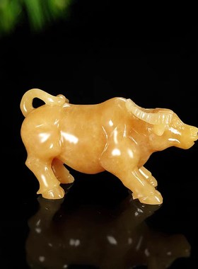 天然米黄玉十二生l肖牛摆件工艺品家居客厅玄关办公室桌面玉雕装