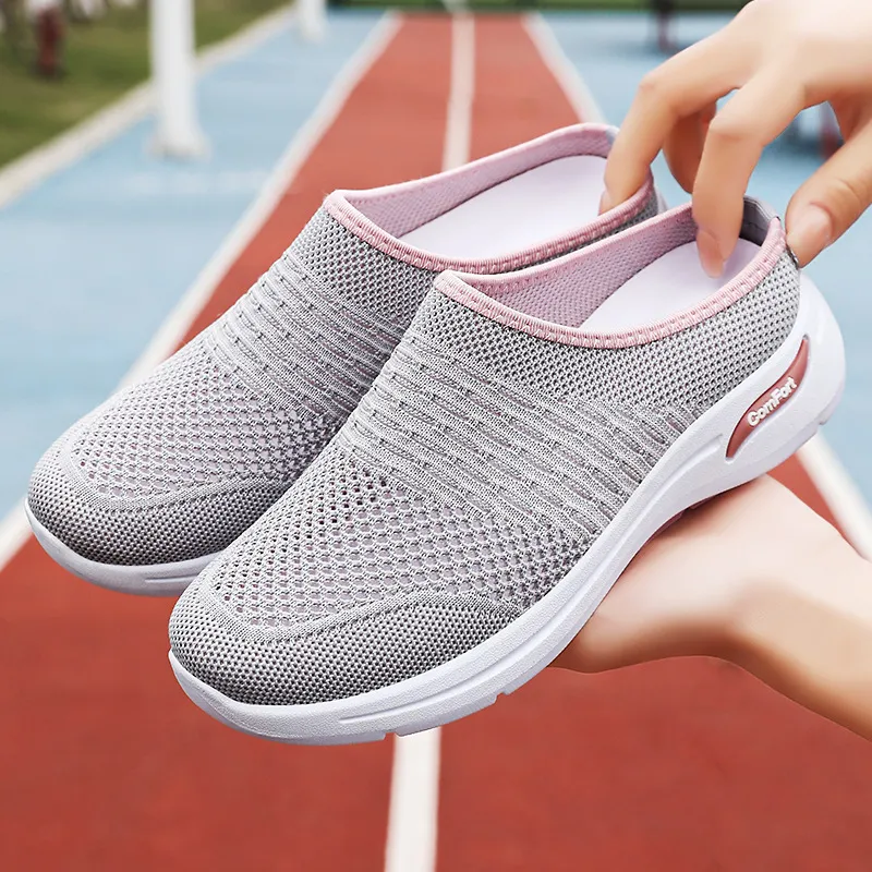 女鞋休闲鞋夏季浅口半拖鞋网面透气飞织鞋软底妈妈鞋一脚蹬懒人鞋,淘宝优惠券,粉丝福利购,淘宝优惠卷