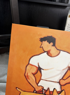 肌肉男与柯基装饰画卡通平面氛围感画喷绘客厅工作室艺术画框