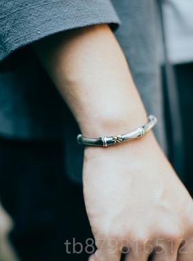 高档999银手镯男中国风复古做旧心纯知足常乐实平安竹情银侣开口