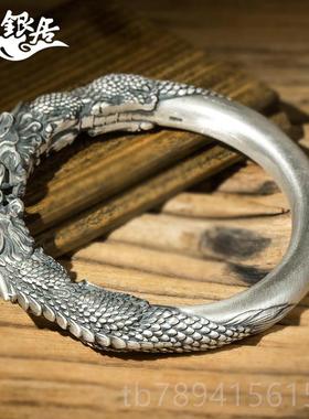 高档貔手镯计男士云南雪花银 开口实心原创设手工双精雕银手镯.传