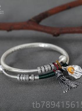 高档银推手银镯99纯银复古实心流苏古法宫铃吊坠女民族风古风拉拢