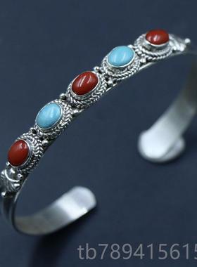 高档印度尼泊尔手工925银饰品镶嵌绿环松石手女镯手 开族口复古民
