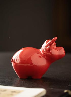 创意陶瓷红色招财小福牛摆件牛气冲天家居办公室桌面装饰品吉祥物