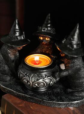 万圣节新款巫师猫神秘暗黑风覆古摆件树脂工艺品鬼节香薰蜡烛烛台