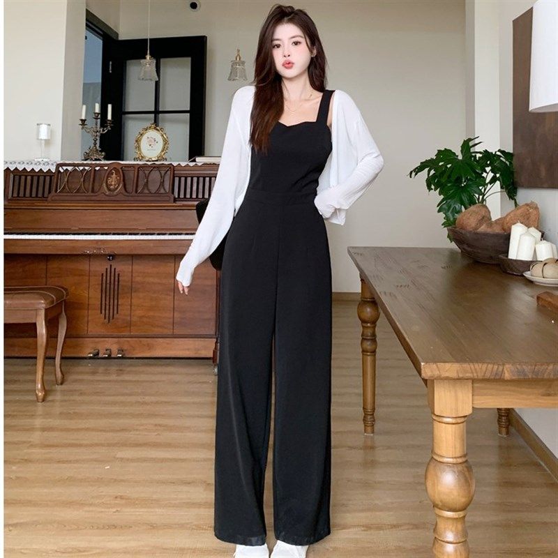 大码高腰吊带连体裤开衫两件套女夏季胖mm收腰直筒阔腿背带长裤子,淘宝优惠券,粉丝福利购,淘宝优惠卷