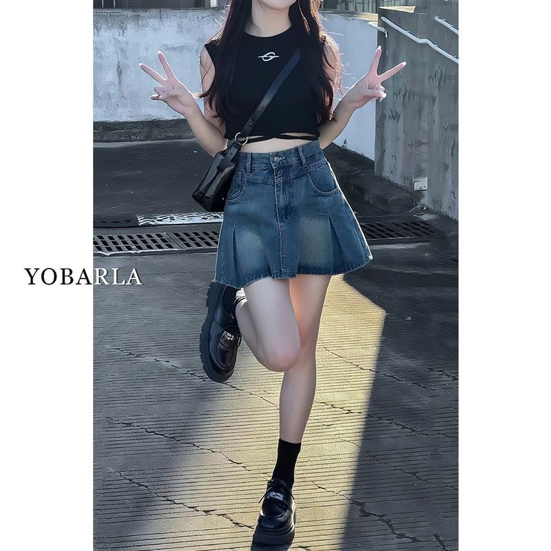 复古高腰百褶牛仔短裙女夏季新款大码胖mm显瘦梨型身材a字半身裙,淘宝优惠券,粉丝福利购,淘宝优惠卷