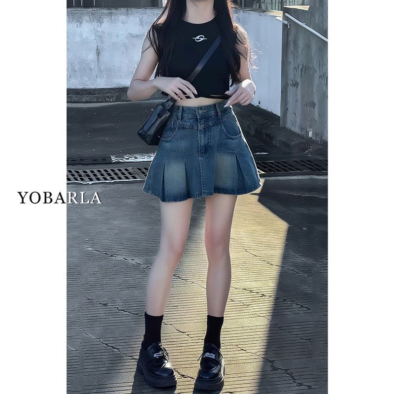 复古高腰百褶牛仔短裙女夏季新款大码胖mm显瘦梨型身材a字半身裙,淘宝优惠券,粉丝福利购,淘宝优惠卷