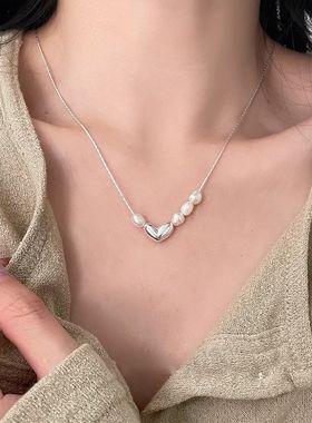 简约珍珠爱心项链女冷淡风气质百搭创意锁骨链ins小众颈链