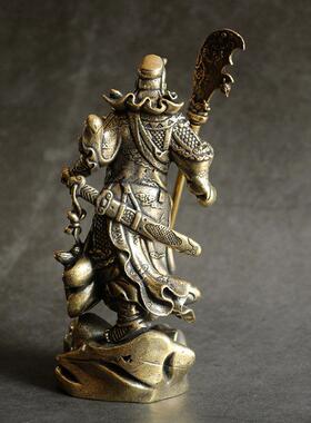 实心铜关公办公桌面小摆件纯黄铜关羽铜像仿古微雕古玩铜器铜雕像