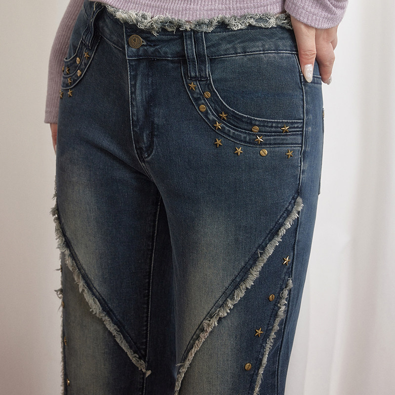 UNIFREEPLUS大码辣妹微喇牛仔裤女新款低腰修身美式做旧水洗裤子,淘宝优惠券,粉丝福利购,淘宝优惠卷