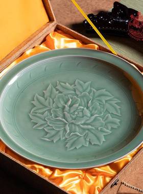 丹盘摆件居家饰品创意陶瓷家牡丹盘摆用办公室中式客饰厅装牡摆设