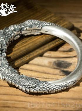 正品貅手镯男云南雪花士银 貔开口实心原双创设计手工精雕银手镯.