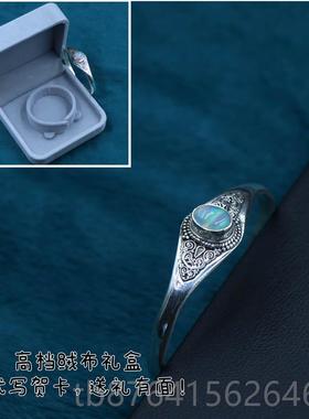 正品印度尼泊尔手工真银饰开欧泊月品石手镯口女时尚个光性复古民