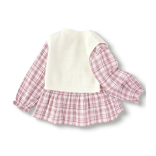 巴拉巴拉女幼小童套装秋季长袖格子衬衫针织背心2件201325102004 - 图0