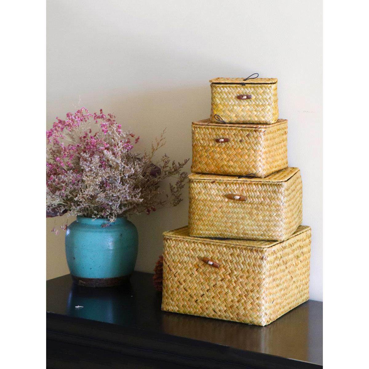 北欧手工编织收纳篮大号方形带盖糖果盒零食杂物筐家用储物箱竹篮,淘宝优惠券,粉丝福利购,淘宝优惠卷