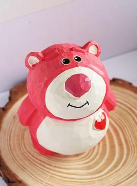 《草莓熊》手工木雕粉色可爱办公室电脑书桌台面装饰小摆件礼物