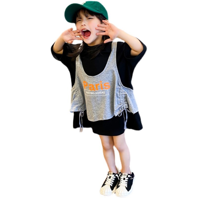 女童中长款t恤裙夏2022新款潮洋气时尚夏装短袖两件套连衣裙欧美,淘宝优惠券,粉丝福利购,淘宝优惠卷