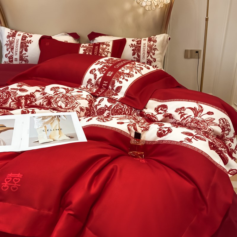 简约时尚结婚四件套大红色被套婚房陪嫁床单高档婚庆床上用品喜被 - 图1