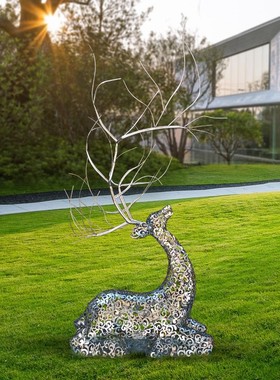 优选不锈钢梅花鹿雕塑现代酒店大堂艺术大角鹿摆件售楼部婚庆动物