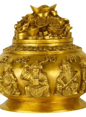 黄铜带盖聚宝盆摆件五路财神招财聚财大小号家居工艺装饰中式礼品