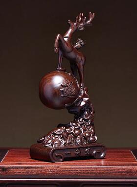 黑檀木雕招财鹿摆件实木一路发财装饰品桌面乔迁新居礼品开业礼物