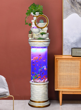 新中式创意流水喷泉水景圆柱形金鱼缸免换水客厅落地摆件加湿器