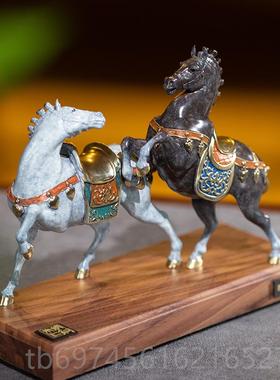 新款朱厅炳件仁铜 双骏驰骋摆家居桌面摆件客办室装饰公品礼品