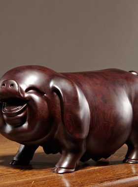 黑檀实木质雕刻一对猪摆件十二生肖动物猪家居客厅装饰Z红木工艺