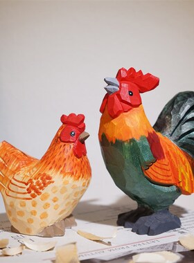 优选【精品版】手工木雕小摆件大公鸡母鸡工位办公室家居桌面装饰
