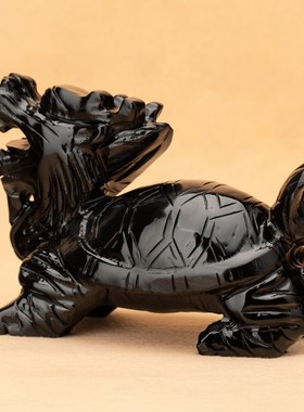 优选天然黑曜石龙龟摆件一对黑墨玉石龙头龟客厅招财玄关家居工艺
