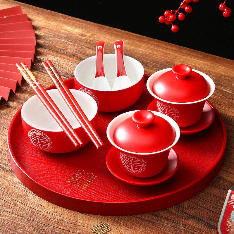 Tea cups, wedding bowls, wedding events, red mouth covers, tea sets, bowls, chopsticks, sets, dowry supplies