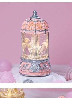 高级感粉色旋转木马八音盒女生水晶球生日礼物音乐盒女孩圣诞礼物