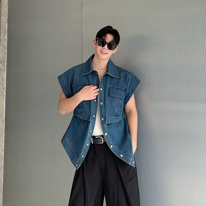 韩国小众设计师款复古美式水洗皱褶大口袋牛仔马甲男坎肩无袖外套,淘宝优惠券,粉丝福利购,淘宝优惠卷