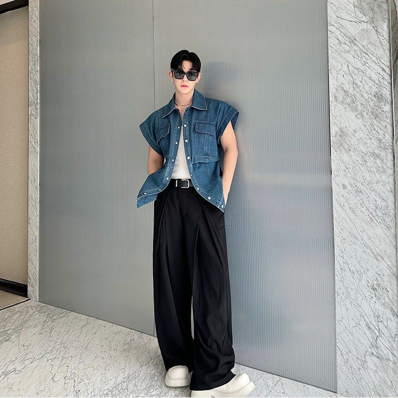 韩国小众设计师款复古美式水洗皱褶大口袋牛仔马甲男坎肩无袖外套,淘宝优惠券,粉丝福利购,淘宝优惠卷